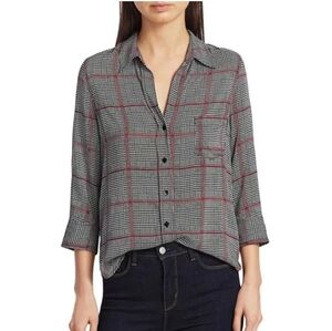 L'Agence Nina Button Front Blouse Black Red Plaid, 3/4 Sleeves S Small